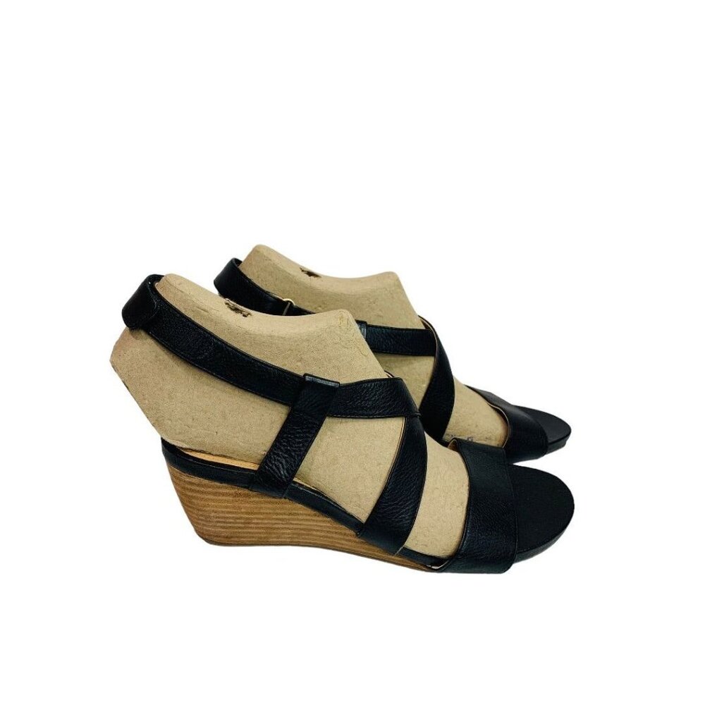 Size 9 Me Too Women's Black Leather Wedge Payton Sandals - Picture 3 of 11